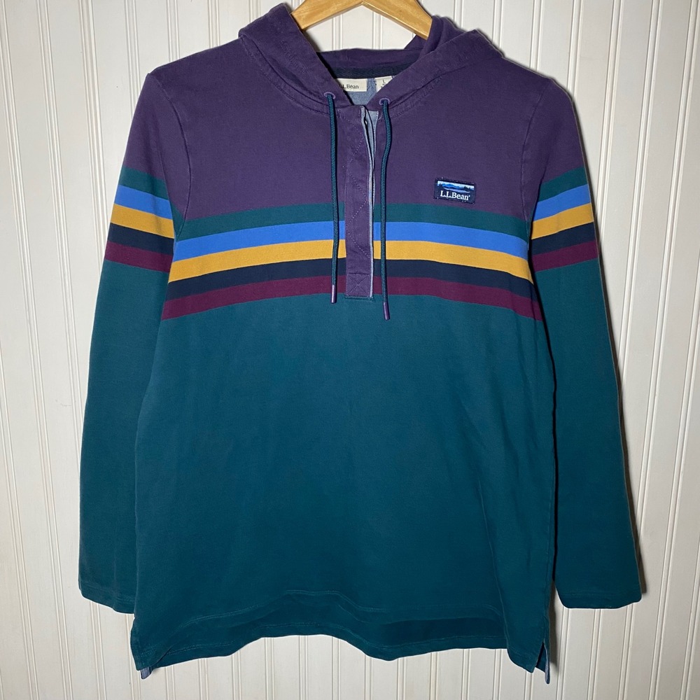 LL Bean Gorpcore Teal Purple Striped Hoodie Retro Y2K Cotton Pullover - Large